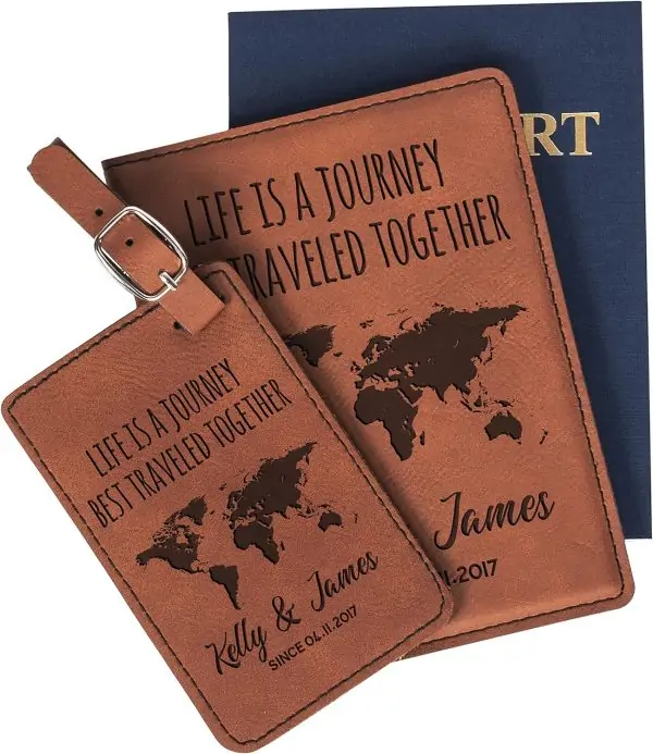 Personalized Leatherette Passport Holder and Luggage Tag Set for Both Men and Women, Available In 18 Unique Design Options and Custom Engraving Option - An Ideal Travel Gift for Boss - Aesthetically Pleasing Chestnut Color