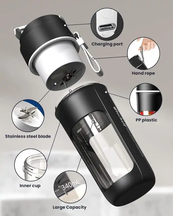 Elechelf Portable Blender for Shakes and Smoothies - Matte Black - Image 2